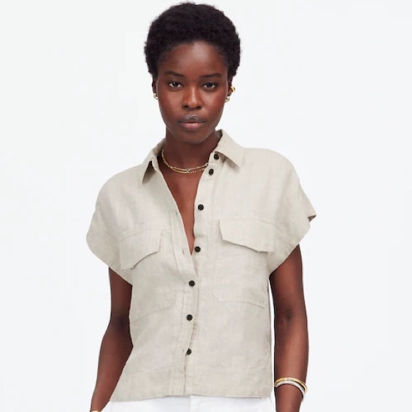 Madewell NWT Boxy Cargo Pocket Button Up Shirt Size Large Color: Oat 100% Linen - Picture 1 of 15